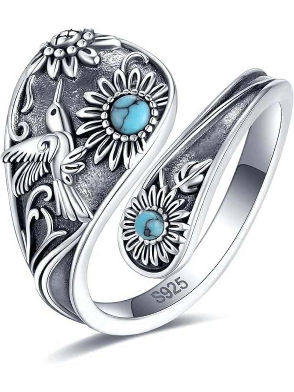 Vintage Boho Abalone Dragonfly Spoon Ring - S925 Sterling Silver Floral Wrap